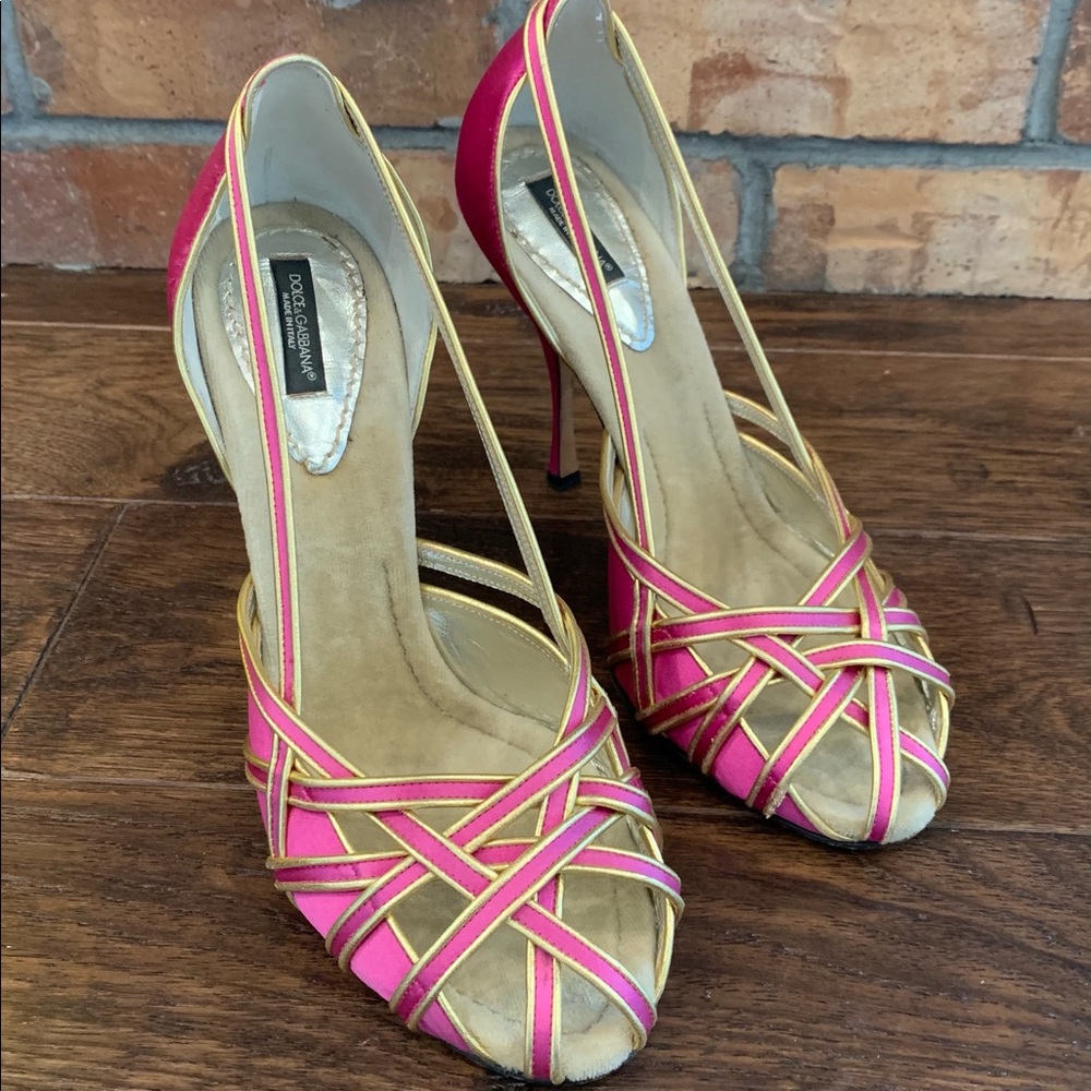 Dolce & Gabbana Pink & Gold Satin Strappy Pumps